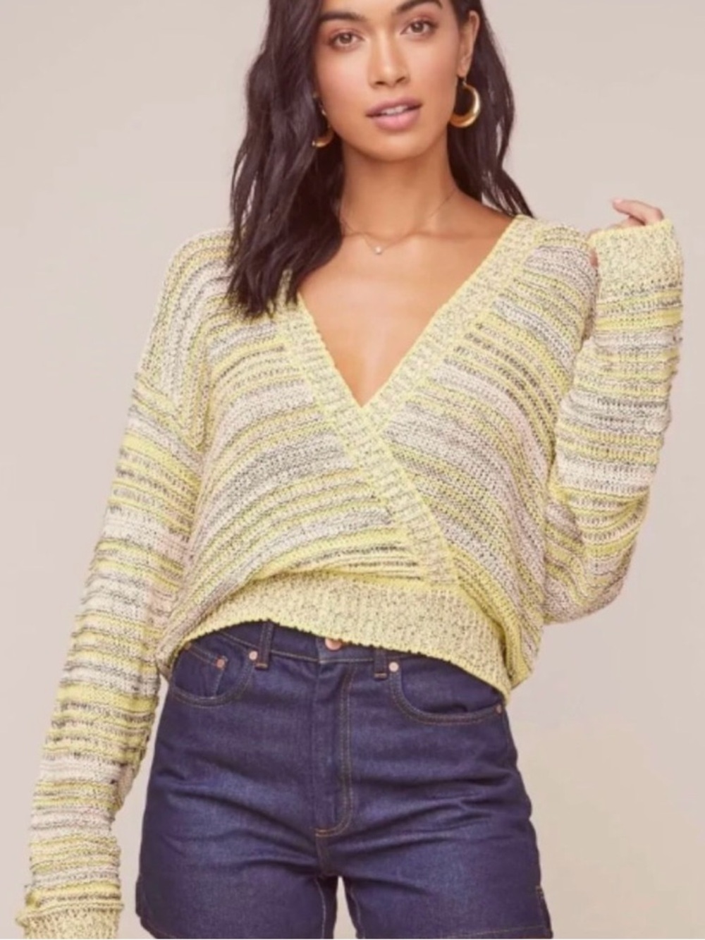 Astr - Striped V-Neck Knit Kent Wrap Sweater